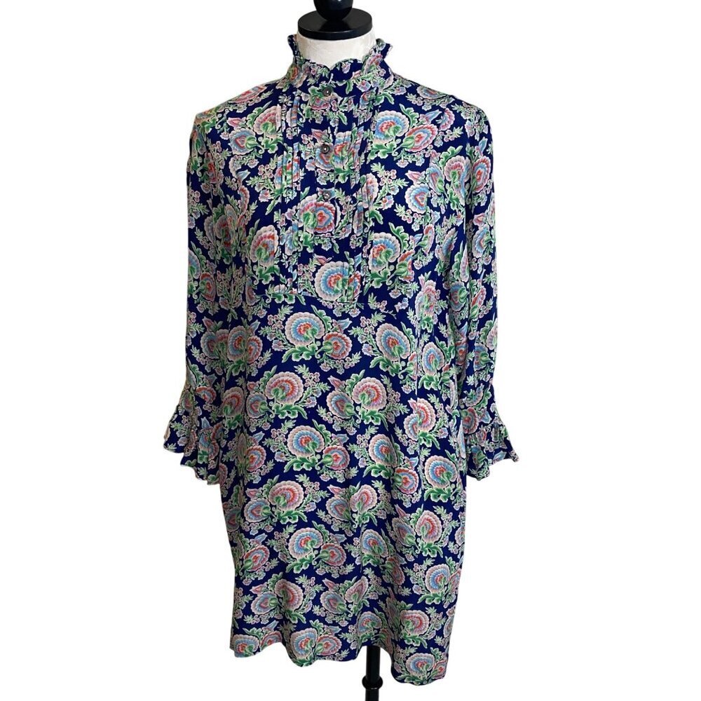 Banjanan Womens Dress Size Medium Multicolor Pintuck Ruffle Trim Mini Pure Silk